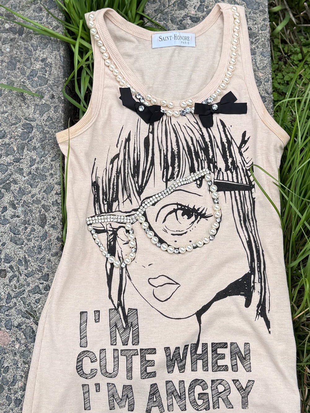 Beige Embellished Graphic Tank Top - "I'm Cute When I'm Angry"